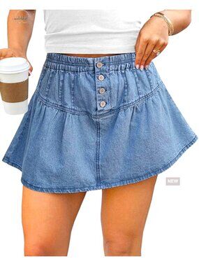 High Waisted Pleated Denim Mini Skirt with Built-in Shorts Summer Casual
